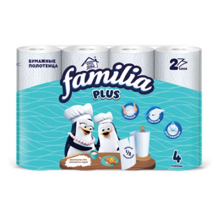 Полотенца бумажные бытовые, спайка 4 шт., 2-слойные (4х12 м), FAMILIA PLUS, 22,7x12 см, белые, 5083816
