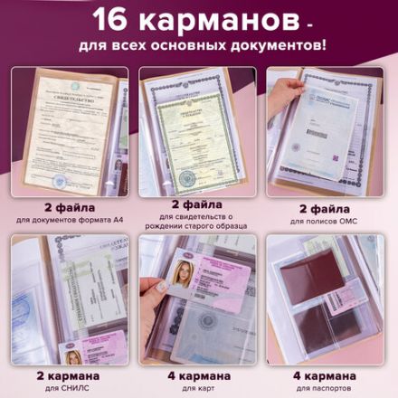 Папка для семейных документов с файлами (паспорта, свидетельства, полисы, СНИЛС) STAFF, 16 отделений, ПВХ, бежевая, 237808