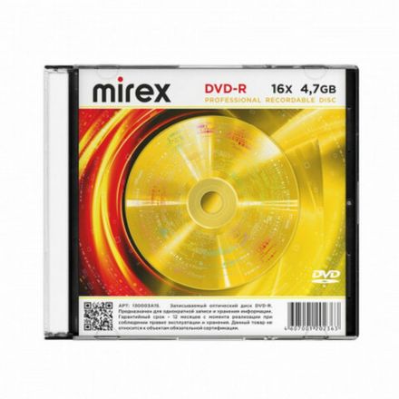 Диск DVD-R MIREX, 4,7 ГБ, 16x, Slim Case, 1 штука, UL130003A1S Диск DVD-R MIREX, 4,7 ГБ, 16x, Slim Case, 1 штука, UL130003A1S