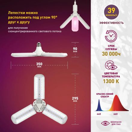 Фитолампа светодиодная ЭРА FITO-24W-RB-E27-FOLD 3-х лепестковая крас-син сп