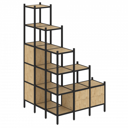 Loft Угловой внешний стеллаж наборный VR.L-59 Тиквуд светлый/Чёрный металл 1278*1278*2280