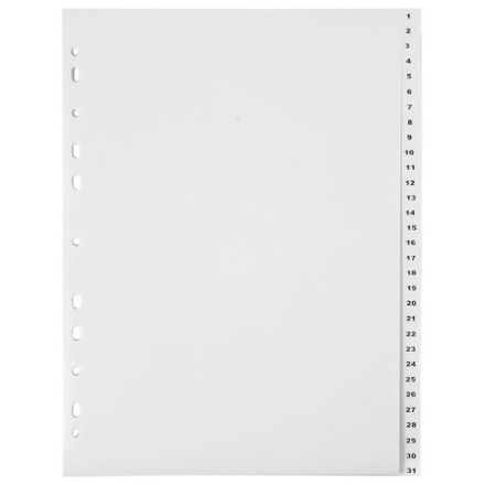 Разделитель пластиковый ОФИСМАГ, А4, 31 лист, цифровой 1-31, оглавление, серый, РОССИЯ, 225605