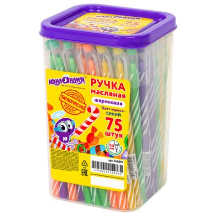 Ручка шариковая масляная ЮНЛАНДИЯ "CANDY", СИНЯЯ, корпус ассорти, узел 0,6 мм, линия письма 0,3 мм, 143019