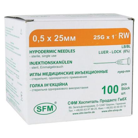 Иглы инъекционные одноразовые SFM 0,50 х 25 - 25G, КОМПЛЕКТ 100 шт. Иглы инъекционные одноразовые SFM 0,50 х 25 - 25G, КОМПЛЕКТ 100 шт.