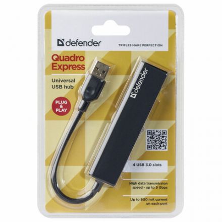 Хаб USB 3.0, 4 порта, черный, DEFENDER QUADRO EXPRESS, 83204 Хаб USB 3.0, 4 порта, черный, DEFENDER QUADRO EXPRESS, 83204