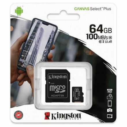 Карта памяти microSDXC 64 GB KINGSTON Canvas Select Plus, UHS-I U1, 100 Мб/с (class 10), адаптер, SDCS2/64GB Карта памяти microSDXC 64 GB KINGSTON Canvas Select Plus, UHS-I U1, 100 Мб/с (class 10), адаптер, SDCS2/64GB