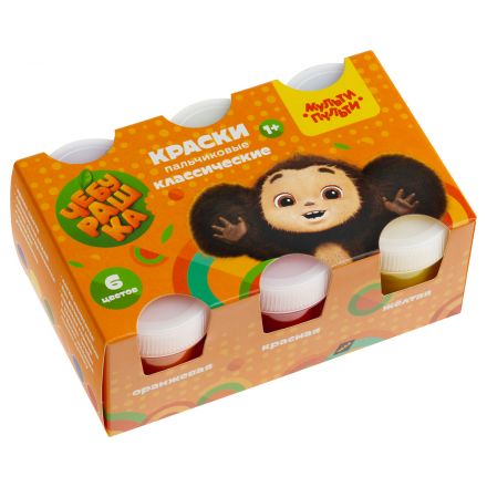 Краски пальчиковые классические с НАКЛЕЙКАМИ Мульти-Пульти "Чебурашка - Мои первые пальчиковые краски", 06 цветов, 210мл, для малышей, 1+, картон