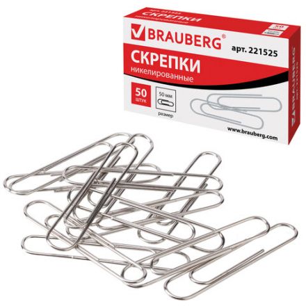 Скрепки большие 50 мм, BRAUBERG, никелированные, 50 шт., в картонной коробке, РОССИЯ, 221525 Скрепки большие 50 мм, BRAUBERG, никелированные, 50 шт., в картонной коробке, РОССИЯ, 221525