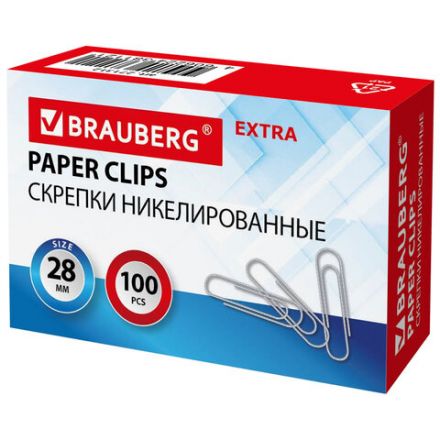 Скрепки EXTRA BRAUBERG 28 мм никелированные 100 штук, 271312 Скрепки EXTRA BRAUBERG 28 мм никелированные 100 штук, 271312