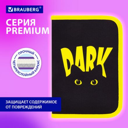 Пенал BRAUBERG с наполнением, 1 отделение, 1 откидная планка, 24 предмета, 21х14 см, "Dark cat", 272351
