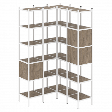 Loft Угловой внутренний стеллаж наборный VR.L-34 Тиквуд тёмный/Белый металл 1278*1278*2280