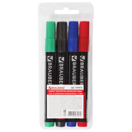 Маркеры перманентные BRAUBERG "Contract", НАБОР 4 ЦВЕТА, скошенный наконечник, 1-5 мм, 150473