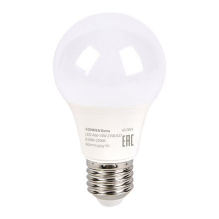 Лампа светодиодная SONNEN EXTRA, 10 (85) Вт, Е27, груша, теплый белый, 30000 ч, LED A60-10W-2700-Е27, 457891 Лампа светодиодная SONNEN EXTRA, 10 (85) Вт, Е27, груша, теплый белый, 30000 ч, LED A60-10W-2700-Е27, 457891
