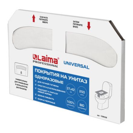 Покрытия на унитаз LAIMA (Система V1), UNIVERSAL, 1/2 сложения, КОМПЛЕКТ 250 шт., 37х42 см, 129539 Покрытия на унитаз LAIMA (Система V1), UNIVERSAL, 1/2 сложения, КОМПЛЕКТ 250 шт., 37х42 см, 129539