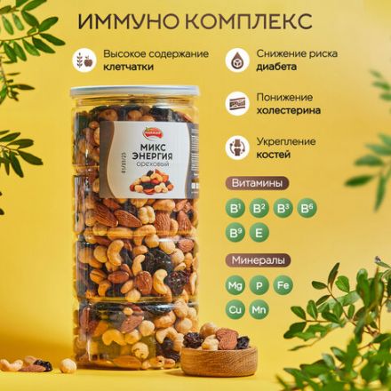 Орехи жареные в банке "МИКС Энергия", кешью, фундук, миндаль, изюм, 1 кг, NARMAK Орехи жареные в банке "МИКС Энергия", кешью, фундук, миндаль, изюм, 1 кг, NARMAK