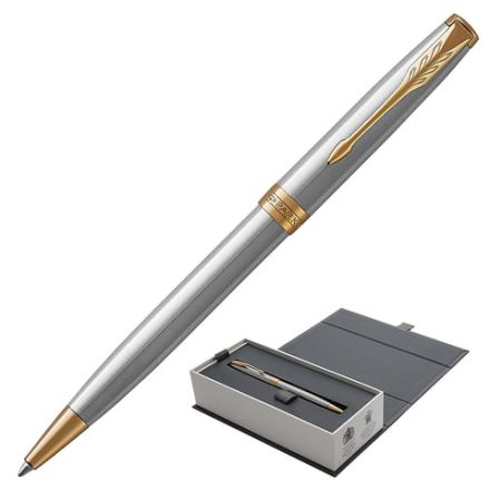 Ручка шариковая PARKER "Sonnet Core Stainless Steel GT", корпус серебро, позолота, черная, 1931507