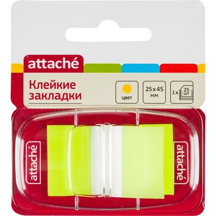 Клейкие закладки Attache пластиковые желтые 25 листов 25х45 мм в диспенсере