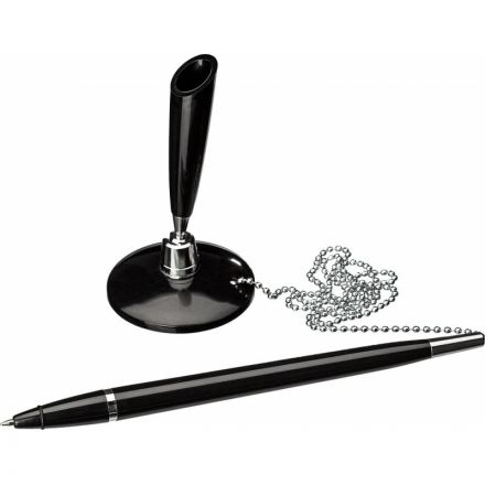 Ручка шариковая на черной подставке Beifa синяя на липучке с цепочкой (толщина линии 0.5 мм)