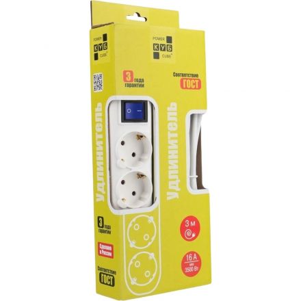 Удлинитель Power Cube 4р/3м с/з с выкл 10А бел (PC-4B-3M)