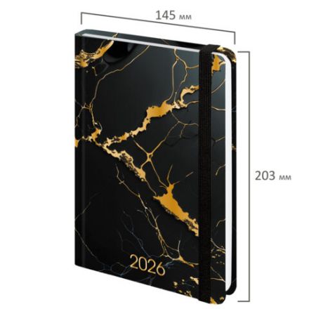 Ежедневник датированный 2026 с резинкой 145х203 мм, А5, BRAUBERG, твердый, фольга, "Черный мрамор", 117338 Ежедневник датированный 2026 с резинкой 145х203 мм, А5, BRAUBERG, твердый, фольга, "Черный мрамор", 117338