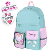 Рюкзак BRAUBERG PASTEL с термонашивками в комплекте, "Funny clouds", мятный, 40х29х14 см, 271421 Рюкзак BRAUBERG PASTEL с термонашивками в комплекте, "Funny clouds", мятный, 40х29х14 см, 271421