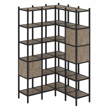 Loft Угловой внутренний стеллаж наборный VR.L-34 Тиквуд тёмный/Чёрный металл 1278*1278*2280