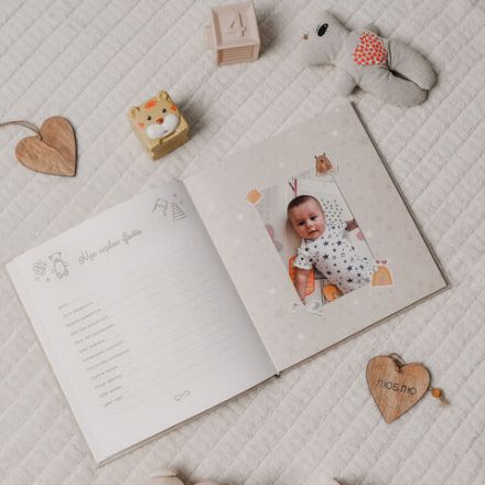Фотоальбом-анкета детский 23х25 см, 32 листа, стикеры, открытка, конверт, бежевый бархат, BRAUBERG, 391421