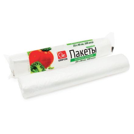 Пакеты фасовочные универсальные в рулоне, ПНД, 25х40 см, 5 л, 100 шт., GRIFON, 101-040