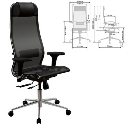 Кресло МЕТТА "ErgoLife" 10 B1-104D, хром, синхромеханизм, 2D-подлокотники, прочная сетка, черное