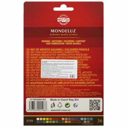 Карандаши цветные акварельные художественные KOH-I-NOOR "Mondeluz", 36 цветов, 3,8 мм, заточенные, европодвес, 3719036001KZRU Карандаши цветные акварельные художественные KOH-I-NOOR "Mondeluz", 36 цветов, 3,8 мм, заточенные, европодвес, 3719036001KZRU