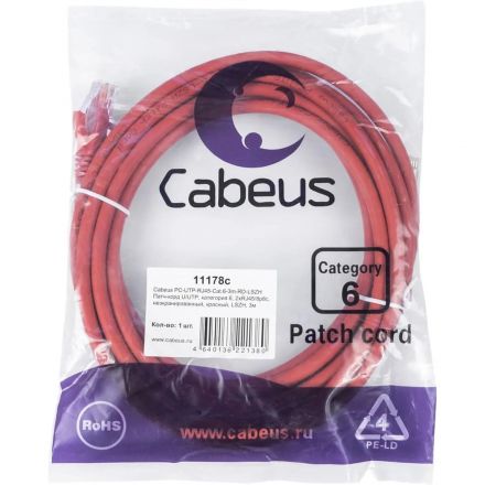 Патч-корд Cabeus PC-UTP-RJ45-Cat.6-3m-RD-LSZH U/UTP, кат6,2xRJ45/8p8c,красн