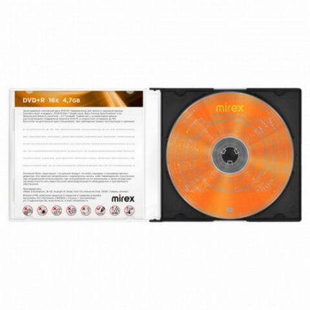 Диск DVD+R (плюс) MIREX, 4,7 ГБ, 16x, Slim Case, 1 штука, UL130013A1S Диск DVD+R (плюс) MIREX, 4,7 ГБ, 16x, Slim Case, 1 штука, UL130013A1S
