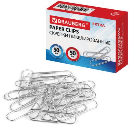 Скрепки большие EXTRA BRAUBERG 50 мм никелированные 50 штук, 271314 Скрепки большие EXTRA BRAUBERG 50 мм никелированные 50 штук, 271314