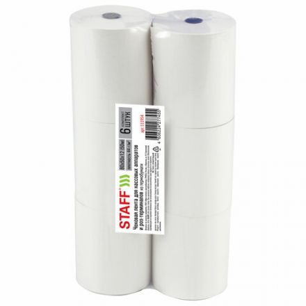 Чековая лента ТЕРМОБУМАГА 80 мм (диаметр 65 мм, длина 50 м, втулка 12 мм), КОМПЛЕКТ 6 шт., 44 г/м2, STAFF, 111954 Чековая лента ТЕРМОБУМАГА 80 мм (диаметр 65 мм, длина 50 м, втулка 12 мм), КОМПЛЕКТ 6 шт., 44 г/м2, STAFF, 111954