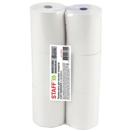 Чековая лента ТЕРМОБУМАГА 80 мм (диаметр 65 мм, длина 50 м, втулка 12 мм), КОМПЛЕКТ 6 шт., 44 г/м2, STAFF, 111954 Чековая лента ТЕРМОБУМАГА 80 мм (диаметр 65 мм, длина 50 м, втулка 12 мм), КОМПЛЕКТ 6 шт., 44 г/м2, STAFF, 111954
