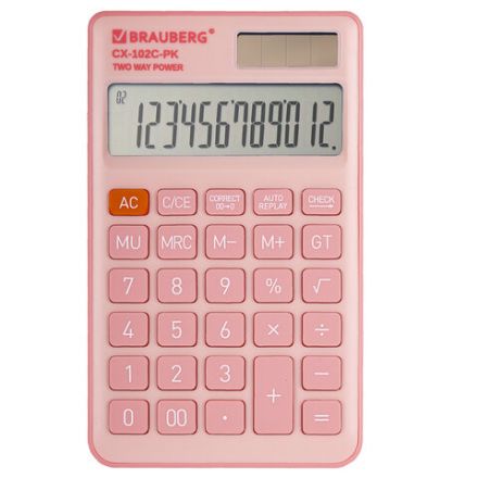 Калькулятор карманный BRAUBERG CX-102C-PK (76x126 мм), 12 разрядов, двойное питание, РОЗОВЫЙ, 272650