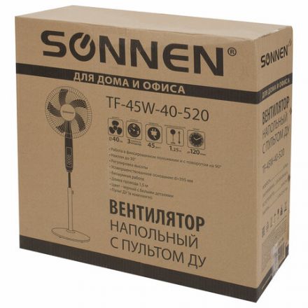Вентилятор напольный, 3 режима, пульт ДУ, SONNEN TF-45W-40-520, d=40 см, 45 Вт, белый, 454788, FS-40-520 Вентилятор напольный, 3 режима, пульт ДУ, SONNEN TF-45W-40-520, d=40 см, 45 Вт, белый, 454788, FS-40-520