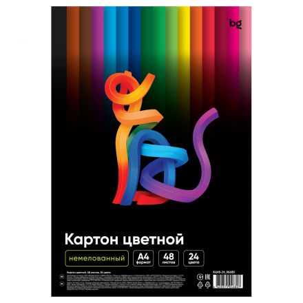 Картон цветной, А4 одностор., BG, 48 л., 24 цв., немелованный, в пакете Картон цветной, А4 одностор., BG, 48 л., 24 цв., немелованный, в пакете