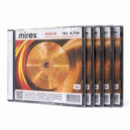 Диск DVD+R (плюс) MIREX, 4,7 ГБ, 16x, Slim Case, КОМПЛЕКТ 5 шт., UL130013A1F Диск DVD+R (плюс) MIREX, 4,7 ГБ, 16x, Slim Case, КОМПЛЕКТ 5 шт., UL130013A1F