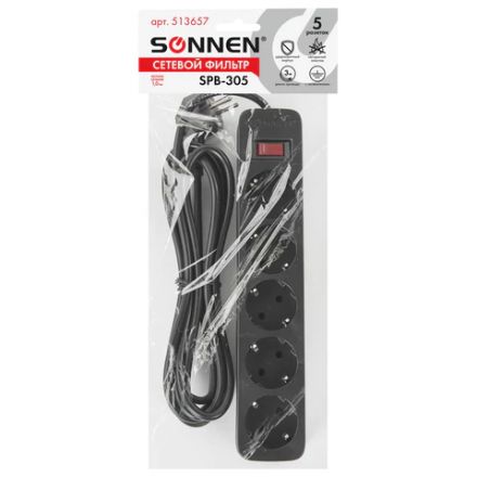 Сетевой фильтр SONNEN SPB-305, 5 розеток с заземлением, выключатель, 10 А, 3 м, черный, 513657 Сетевой фильтр SONNEN SPB-305, 5 розеток с заземлением, выключатель, 10 А, 3 м, черный, 513657