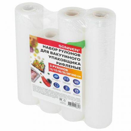 Рулоны для вакуумного упаковщика, рифленые, НАБОР 5 шт. (12 / 15 / 20 / 25 / 28 см х 500 см), SONNEN, 456341 Рулоны для вакуумного упаковщика, рифленые, НАБОР 5 шт. (12 / 15 / 20 / 25 / 28 см х 500 см), SONNEN, 456341