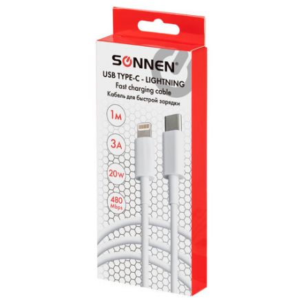 Кабель USB Type-C-Lightning с поддержкой быстрой зарядки, белый, 1 м, SONNEN, медный, 513612 Кабель USB Type-C-Lightning с поддержкой быстрой зарядки, белый, 1 м, SONNEN, медный, 513612