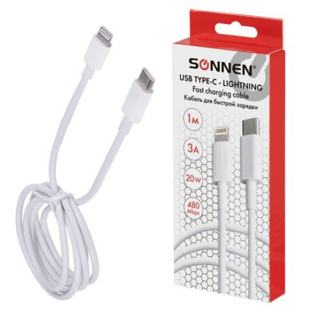 Кабель USB Type-C-Lightning с поддержкой быстрой зарядки, белый, 1 м, SONNEN, медный, 513612
