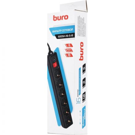 Сетевой фильтр Buro 600SH-16-5-B 5м (6 розеток) черный Сетевой фильтр Buro 600SH-16-5-B 5м (6 розеток) черный