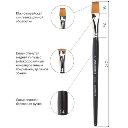 Кисть художественная профессиональная BRAUBERG ART CLASSIC, синтетика мягкая под колонок, плоская, № 14, короткая ручка, 200702