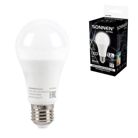 Лампа светодиодная SONNEN EXTRA, 12 (100) Вт, Е27, груша, нейтральный белый, 30000 ч, LED A60-12W-4000-Е27, 457895 Лампа светодиодная SONNEN EXTRA, 12 (100) Вт, Е27, груша, нейтральный белый, 30000 ч, LED A60-12W-4000-Е27, 457895