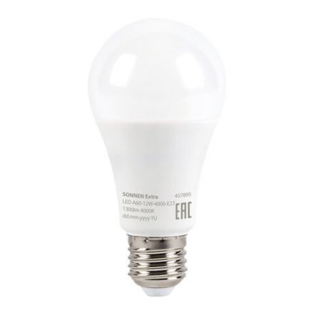 Лампа светодиодная SONNEN EXTRA, 12 (100) Вт, Е27, груша, нейтральный белый, 30000 ч, LED A60-12W-4000-Е27, 457895 Лампа светодиодная SONNEN EXTRA, 12 (100) Вт, Е27, груша, нейтральный белый, 30000 ч, LED A60-12W-4000-Е27, 457895