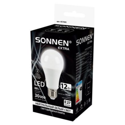 Лампа светодиодная SONNEN EXTRA, 12 (100) Вт, Е27, груша, нейтральный белый, 30000 ч, LED A60-12W-4000-Е27, 457895 Лампа светодиодная SONNEN EXTRA, 12 (100) Вт, Е27, груша, нейтральный белый, 30000 ч, LED A60-12W-4000-Е27, 457895