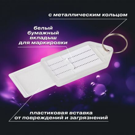 Бирки для ключей КОМПЛЕКТ 20 ШТ., длина 55 мм, инфо-окно 39х22 мм, ПРОЗРАЧНЫЕ, BRAUBERG, 237496