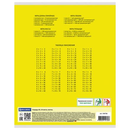 Тетрадь 24 л. BRAUBERG КЛАССИКА, клетка, обложка картон, ЖЕЛТАЯ, 104736